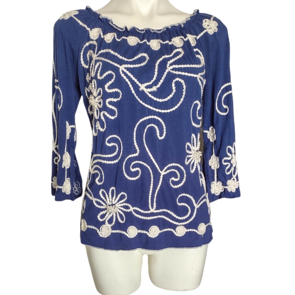 Lauren Michelle Embroidered Beaded Applique Blue & White off shoulder top sz SM